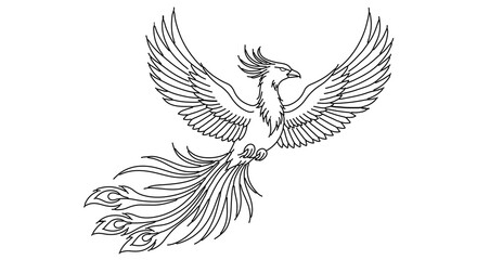 Obraz premium Phoenix bird drawing line art illustration mythical creature wings flying phoenix tattoo design outline vector image