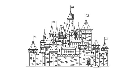 Fototapeta premium Magical fairytale castle illustration for coloring pages and fantasy themed designs vector drawing artwork