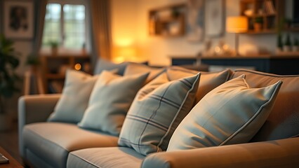 Cozy home lounge featuring a comfortable sofa, warm lighting, and soft throw pillows.