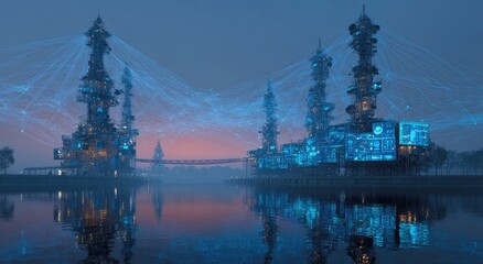 Futuristic cityscape reflected on a serene river at twilight