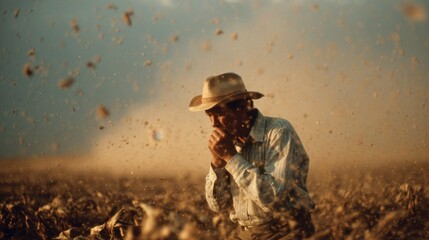 Medium shot capturing farmer clutching chest coughing amid swirling dust particles dry cracked earth and wilted crops softly blurred behind for emotional effect.