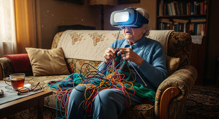 Elderly grandmother wearing VR headset while knitting on a vintage couch, humorous contrast of tradition and modern technology, ultra-realistic photo