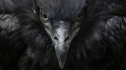 Close-up portrait of a majestic black bird, showcasing its intense gaze and intricate feathers. The image captures the bird's raw power and mysterious allure.