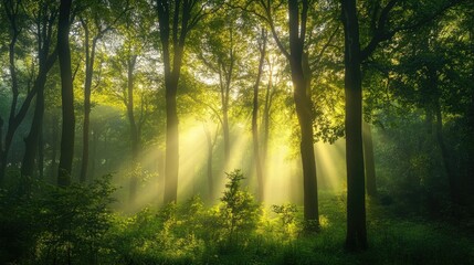 Fototapeta premium Beautiful sunrise light streams through forest trees, illuminating the fresh green foliage below.