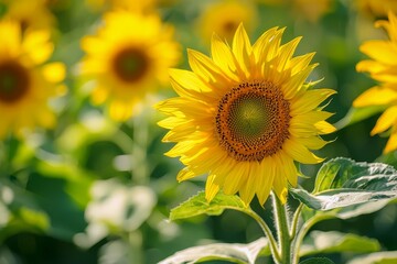 Close-up macro of sunflower field with vibrant yellow petals in sharp focus against blurred green leaves and blooming plants on a sunny day