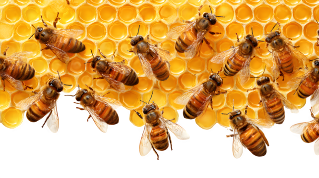 honey bees working in honeycomb isolated on white background, HD realistic