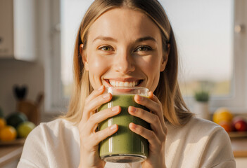 Happy young woman enjoying fresh green smoothie in bright modern kitchen
