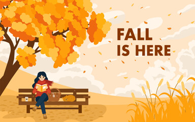 A cozy vector illustration of a woman enjoying a peaceful autumn day in the park. She's relaxing on a bench with a book and coffee under a beautiful fall tree.