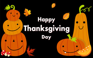 A cute vector background for Thanksgiving Day, featuring happy pumpkin characters and autumn leaves. Perfect for greeting cards, banners, and digital designs.