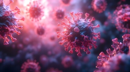 Microscopic view reveals numerous coronavirus particles with distinct spikes, illuminated in shades of red and blue creating a visually striking representation.