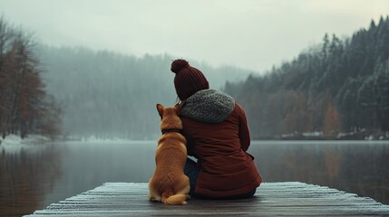 Rear view of a young woman holding her terrier in her lap, sitting on a lakeside dock in the chilly winter air.
