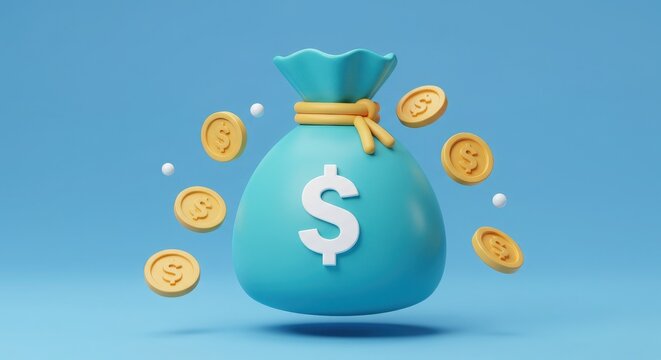 A blue money bag with dollar sign and coins floating around it in 3d render