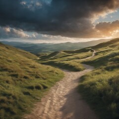 Fototapeta premium A winding dirt path leads through rolling green hills under a dramatic cloudy sunset sky
