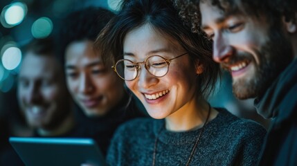 A group of friends enjoys a joyful moment together, looking at a tablet, illuminated by soft lighting, showcasing connection and shared experiences.