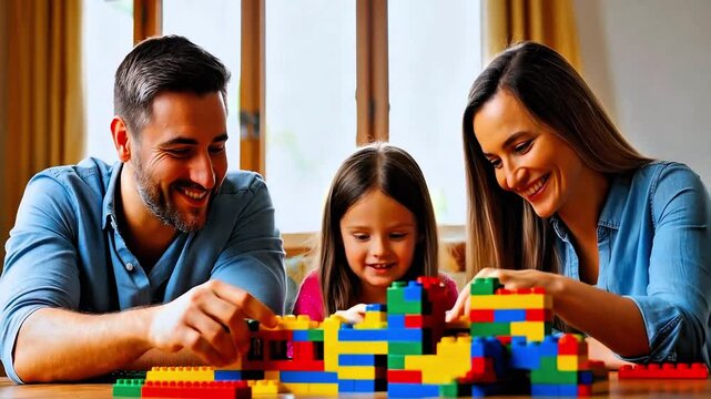 Happy family with child playing with constructor blocks together at a table in living room. Parents and daughter building with colorful toys, enjoying educational game. Family bonding and leisure.