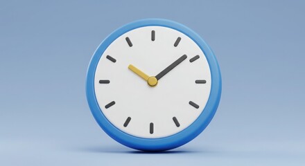 A simple blue clock with golden hands on a blue background in a 3d rendering