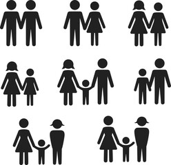 Silhouette icon set of diverse family combinations, perfect for inclusive design, parenting concepts, relationship equality, and family lifestyle graphics