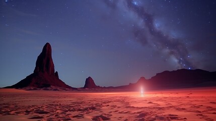 Soft red underglow across the sand contrasting with the icy sharpness of a brilliant night sky, high visibility of galactic core and planetary bodies above Monument Valley 