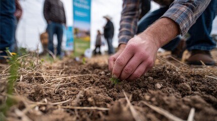 Medium shot capturing a farmer examining soil texture in a fieldschool soilhealth demo plot with slightly outoffocus educational posters and peers emphasizing practical soil