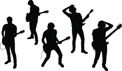 Silhouette illustration of rock band guitarists performing on stage, ideal for music, concert, poster, energy, sound, and entertainment design