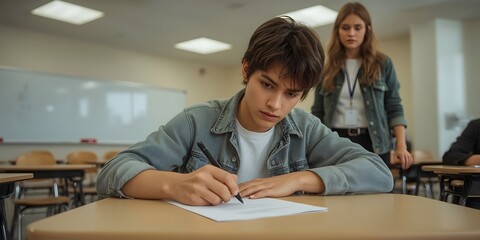 Fototapeta premium A student writing answers during a school exam with a teacher standing nearby