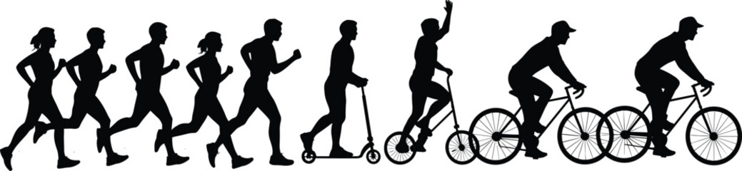 Silhouette of people running, riding scooters, cycling, outdoor physical activity, healthy lifestyle, group movement, fitness, cardio workout, transportation concept
