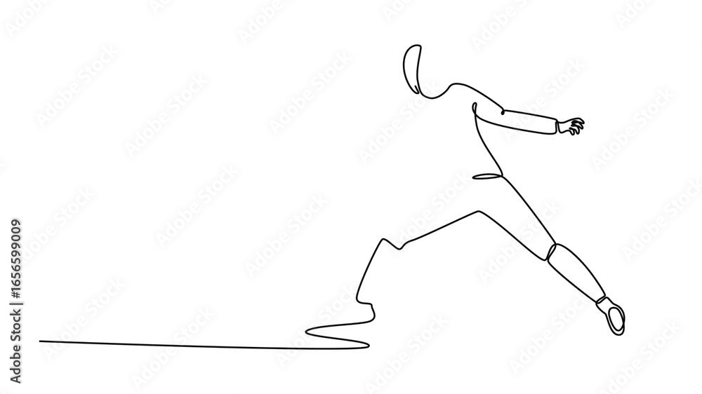 Poster animated self drawing of continuous line draw professional fencer in powerful wide stance with exten