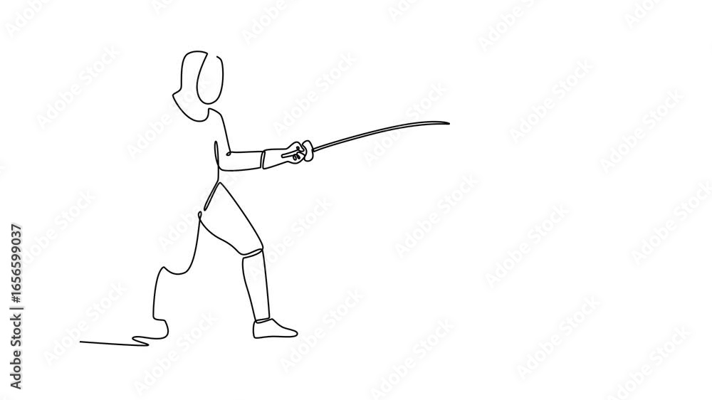 Poster animated self drawing of continuous line draw active fencer is poised in an 