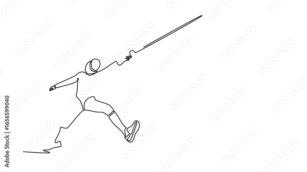 Poster animated self drawing of continuous line draw professional fencer mid-lunge in a powerful attack. sy