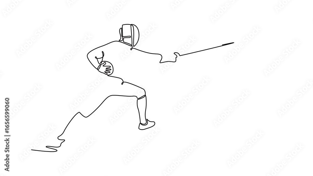Poster animated self drawing of continuous line draw features attractive fencer in determined lunge, repres