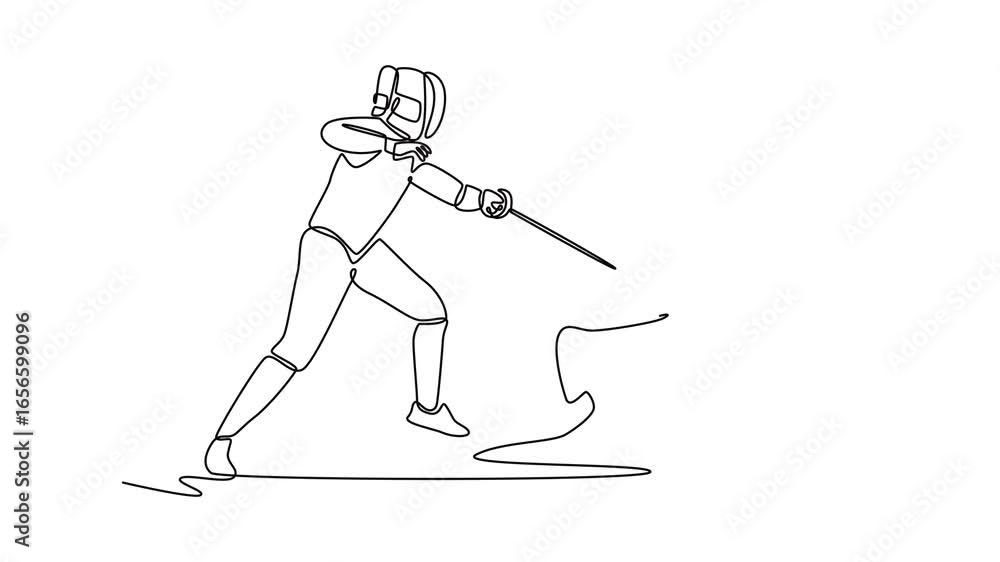 Poster animated self drawing of continuous line draw features duel between two fencers, representing sharp 