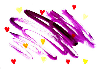 An abstract artwork features bold, sweeping strokes of purple paint that dominate the center of the white background. Scattered around the periphery and within the brushstrokes are small, hand-painted