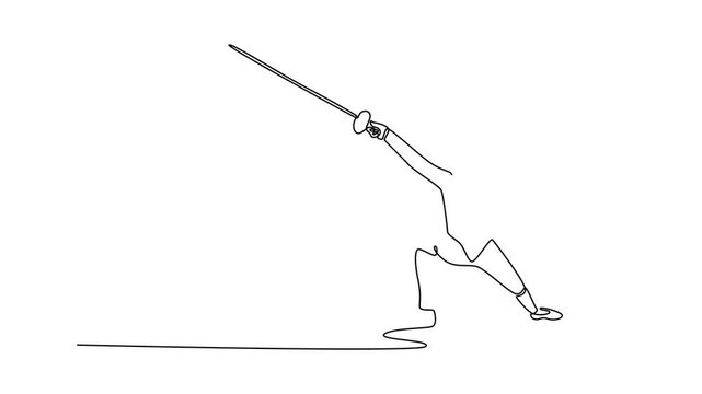 Animated self drawing of continuous line draw professional fencer with a raised sword in decisive attacking stance. Symbolizing power, skill, and the speed of the sport. Full length one line animation