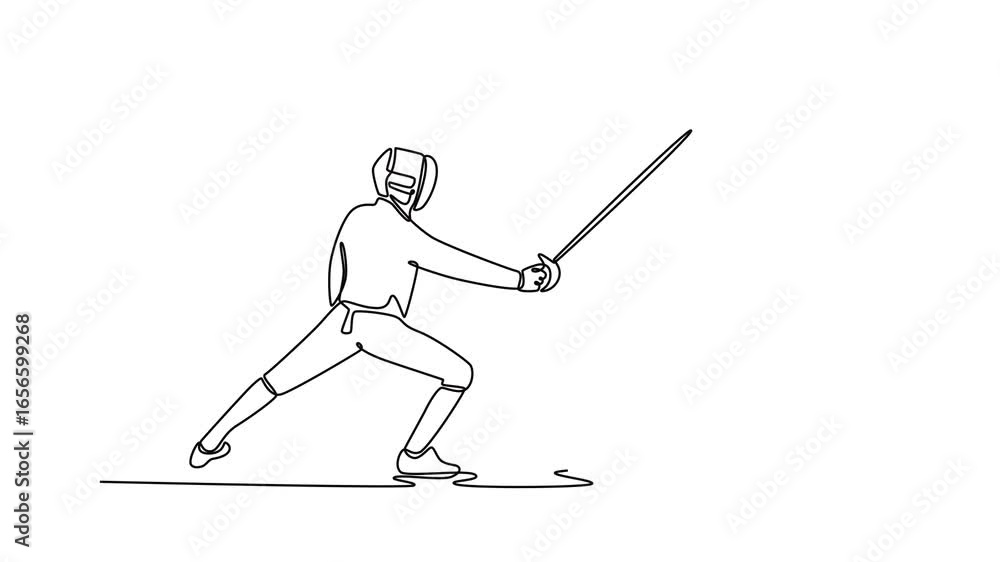Poster self drawing animation of single line draw two fencers in a dynamic lunge and retreat. symbolizing t