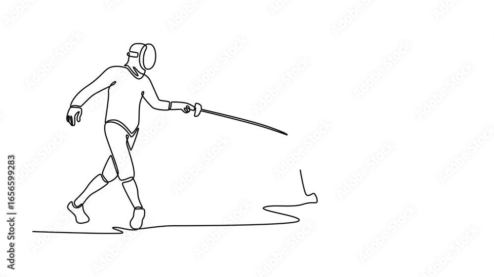Poster self drawing animation of single line draw features duel between two fencers, representing strategic