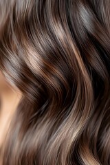 Naklejka premium Luxurious wavy brown hair with subtle highlights showing natural movement and shine, close-up texture view for beauty and haircare advertising.