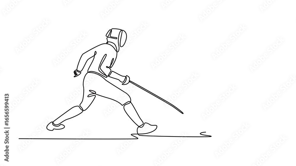 Poster self drawing animation of single line draw strong two fencers are mid-clash with crossing foils. sym