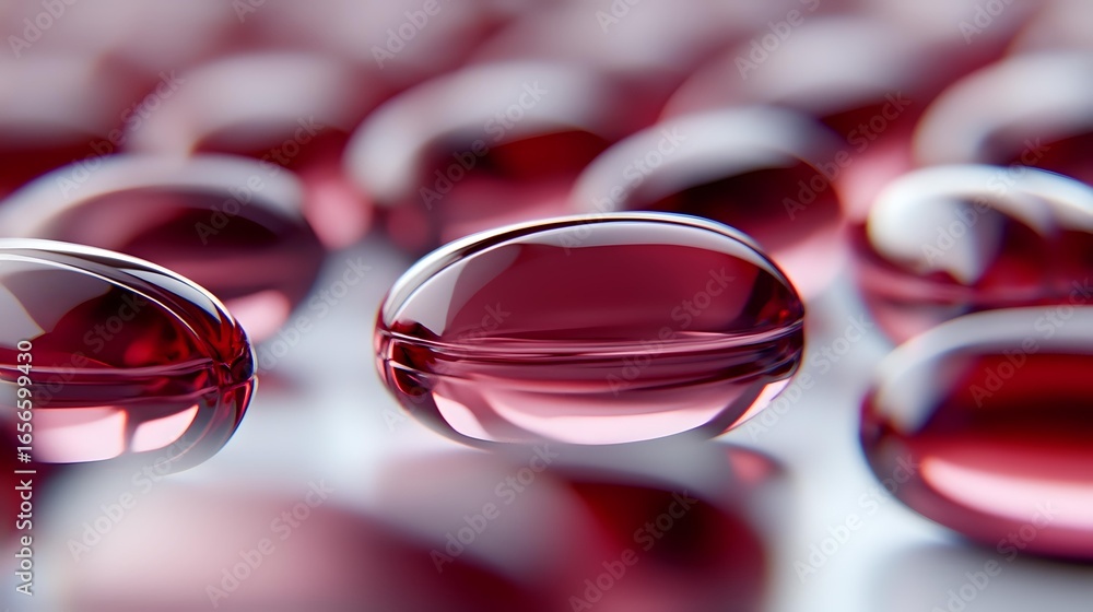 Poster red translucent gel capsules or supplements arranged in rows on white surface with selective focus a