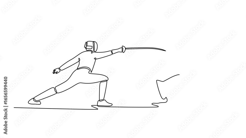 Poster self drawing animation of single line draw two fencers are engaged in sword clash. symbolizing strat
