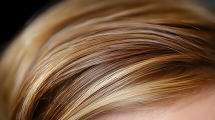 Fototapeta premium Close up view of blonde highlighted hair with soft focus showing natural wavy texture and dimensional color tones in warm golden and caramel shades.