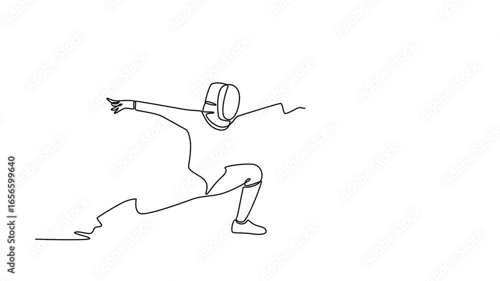 Poster animated self drawing of continuous line professional fencer at full extension in lunge attack. symb