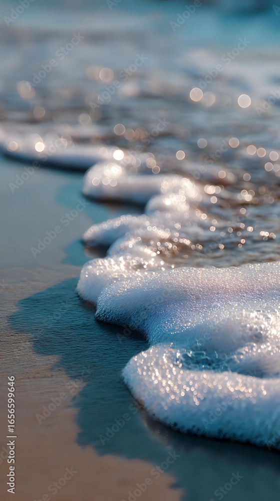 Poster gentle ocean waves creating white foam patterns on sandy beach with sparkling bokeh water reflection