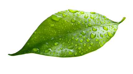 water droplets on green leaf isolated on white background, HD realistic