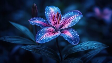 Night-blooming, vibrant lily, glistening dew drops