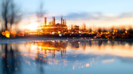 Obraz premium Industrial refinery plant illuminated at dusk with golden lights reflecting on water surface, creating dramatic atmospheric scene with bokeh effect and blurred foreground.