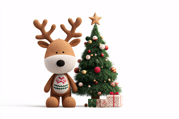 Fototapeta premium A festive reindeer standing next to a beautifully decorated Christmas tree, symbolizing the holiday spirit and joy.