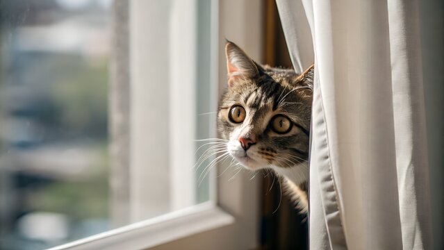A curious tabby cat peeking out from behind a curtain next to a window indoors