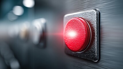 Close-up of a bright red emergency stop button on a metallic panel, illuminated with urgent lighting,