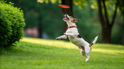 An energetic jack russell terrier dog leaps high to catch a frisbee in a sunny park, showcasing pure joy