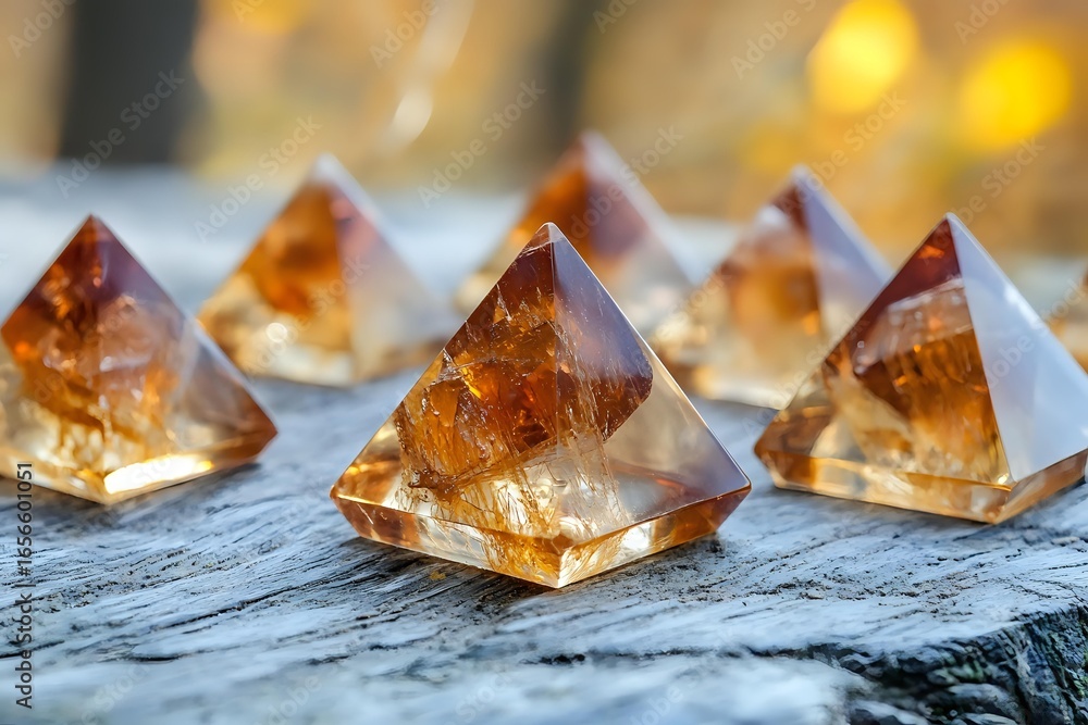 Poster amber crystal pyramids arranged on textured stone surface with golden bokeh background, creating mys